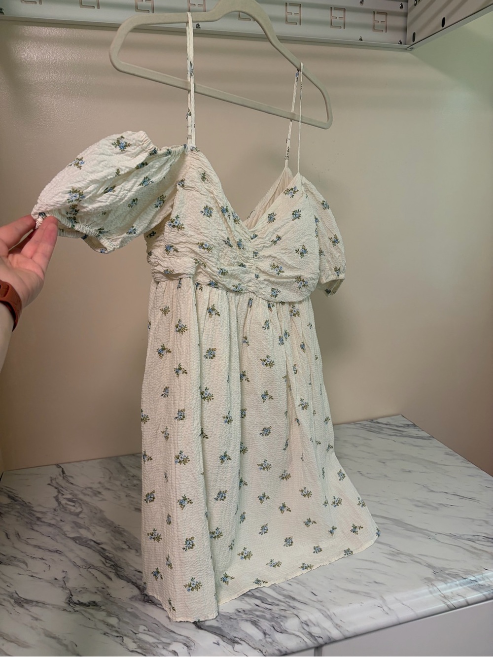 & Other Stories Cream Mini Dress with Blue Floral Print